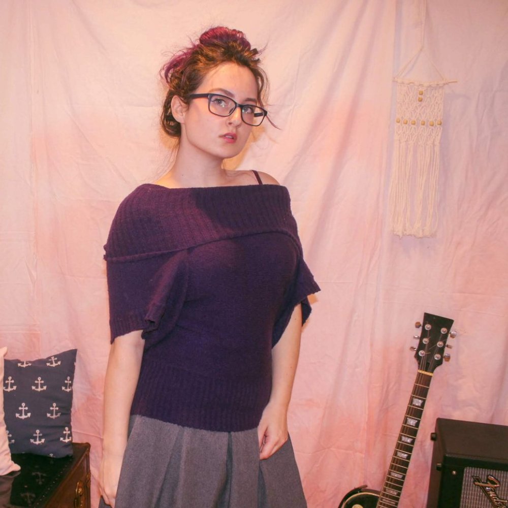Purple Short Sleeve Cowl Neck Sweater